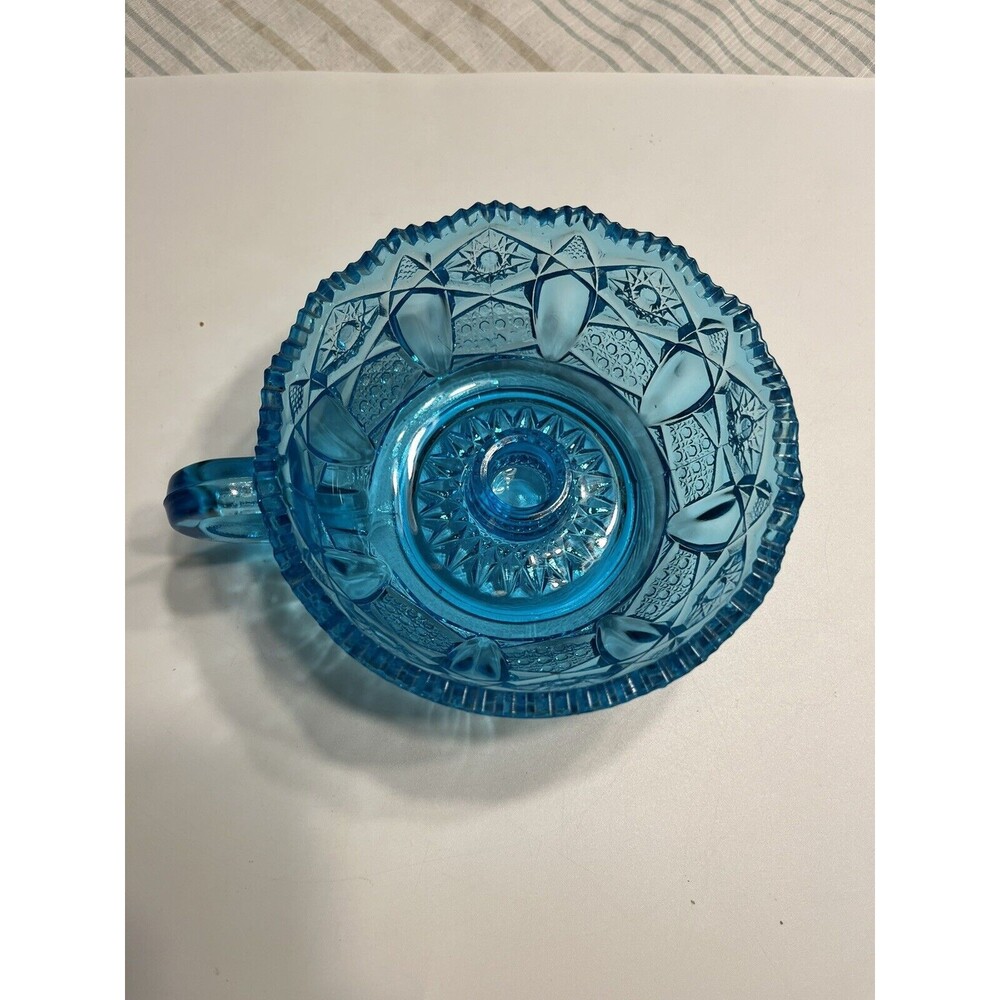 Vintage LE Smith Quintec Heritage Pattern Blue Glass Nappy Candle Bowl Handle